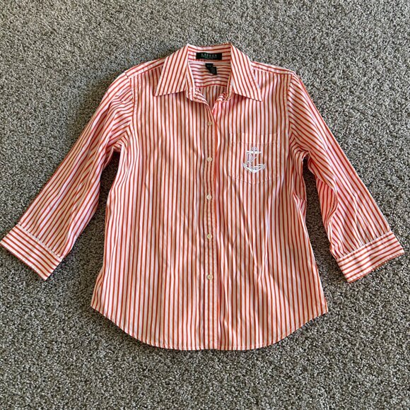 Lauren Ralph Lauren Petite Striped Cotton Button-Up Shirt /Embroidered Anchor - Picture 7 of 7
